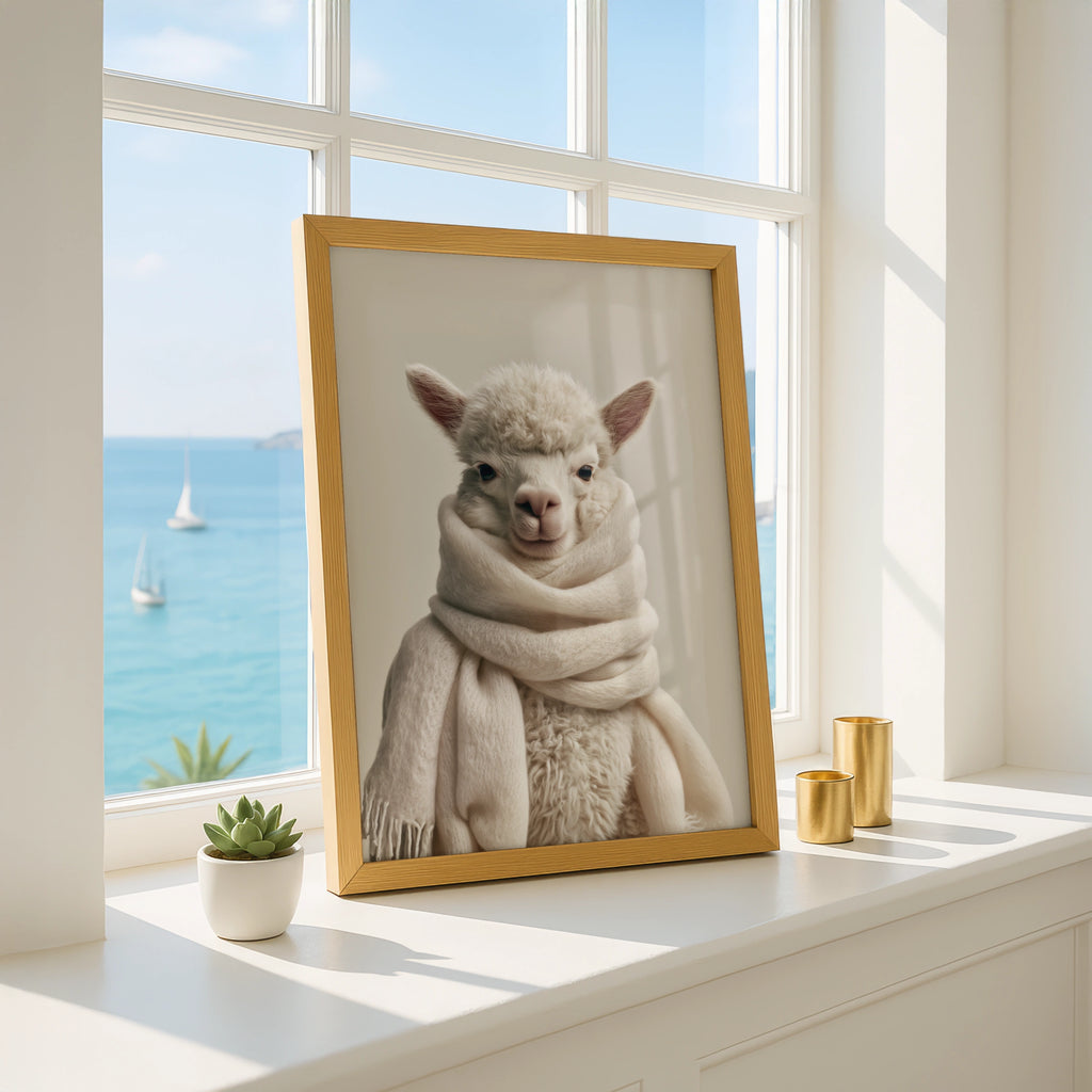Fluffy Alpaca Scarf Portrait Poster, Cute Animal Wall Art, Minimalist Print