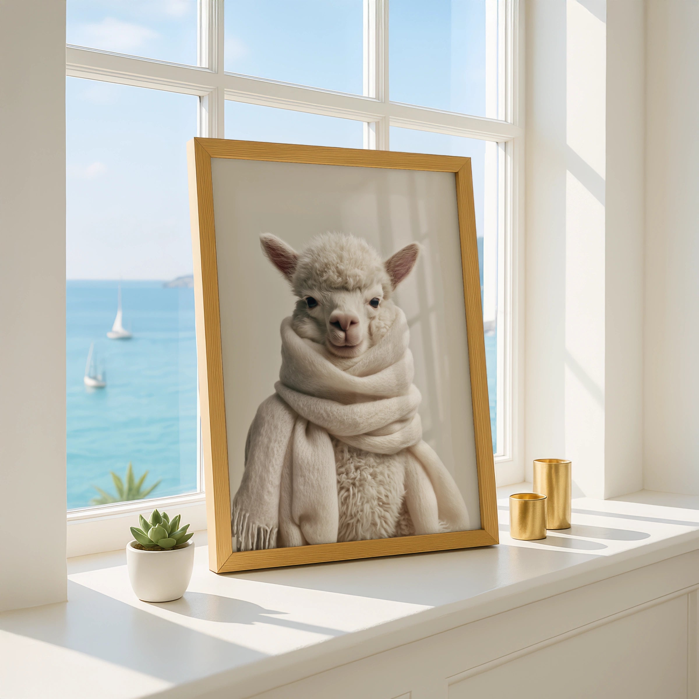 Fluffy Alpaca Scarf Portrait Poster, Cute Animal Wall Art, Minimalist Print