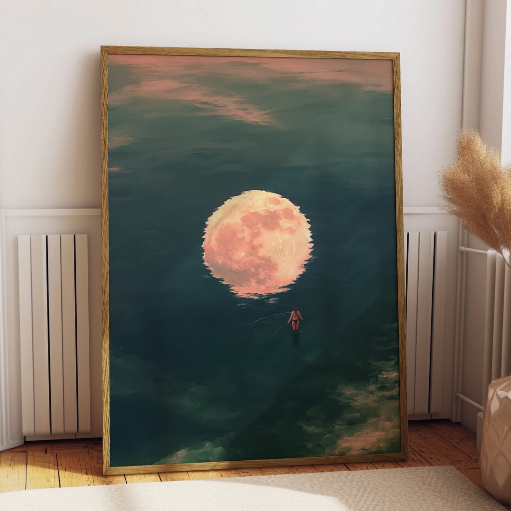 Woman Walking Towards Moon Reflection, Ocean Night Sky Art Print, Dreamy Teal Pink Poster
