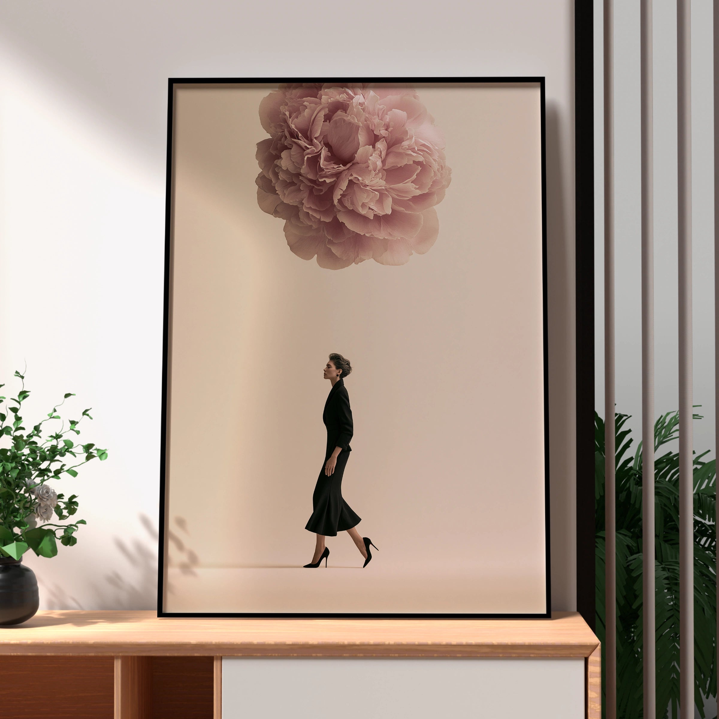 Woman Walking Under Giant Peony Poster, Surreal Floral Fashion Wall Art Print