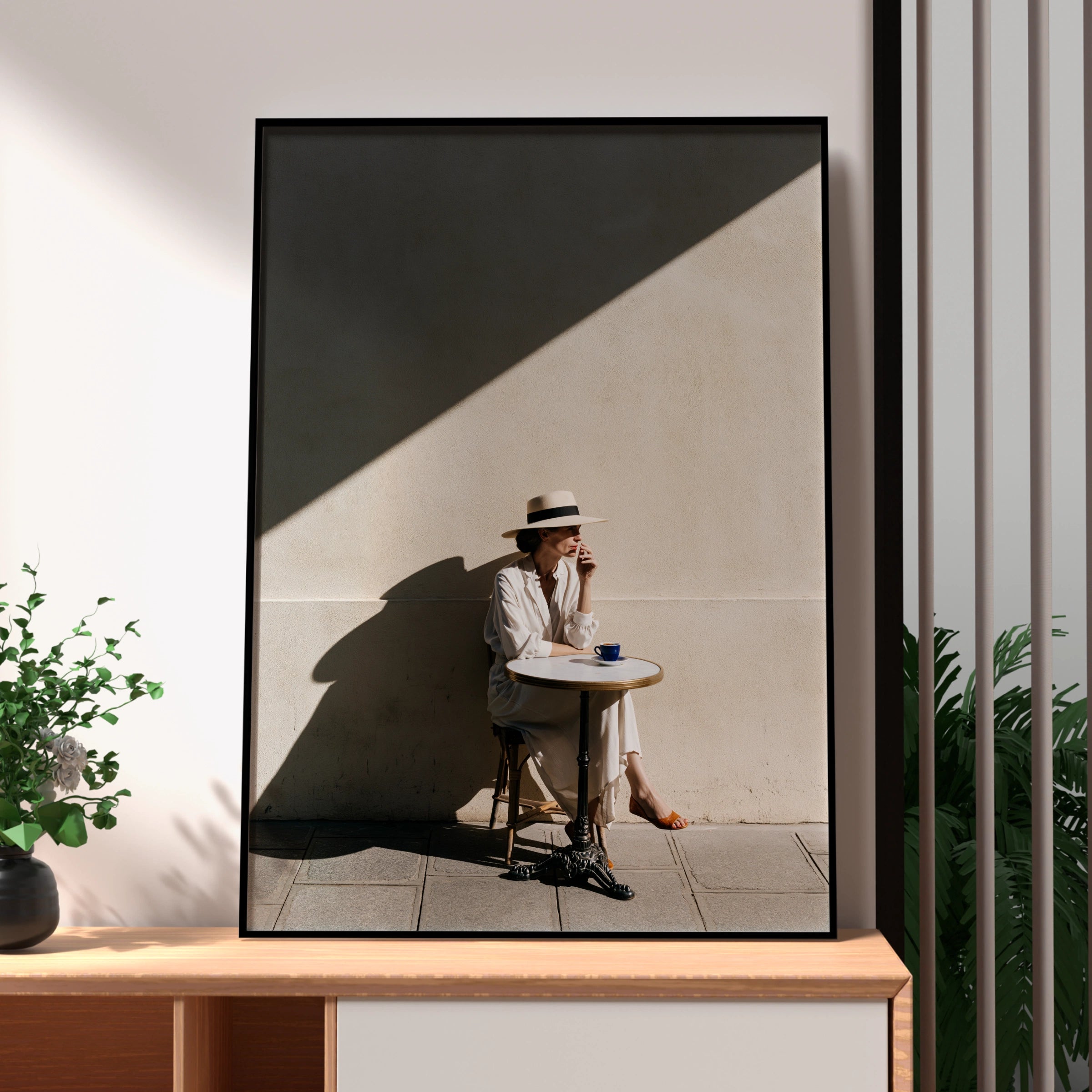 Woman Alone at Cafe Poster, Parisian Coffee Print, Elegant Minimalist Wall Art