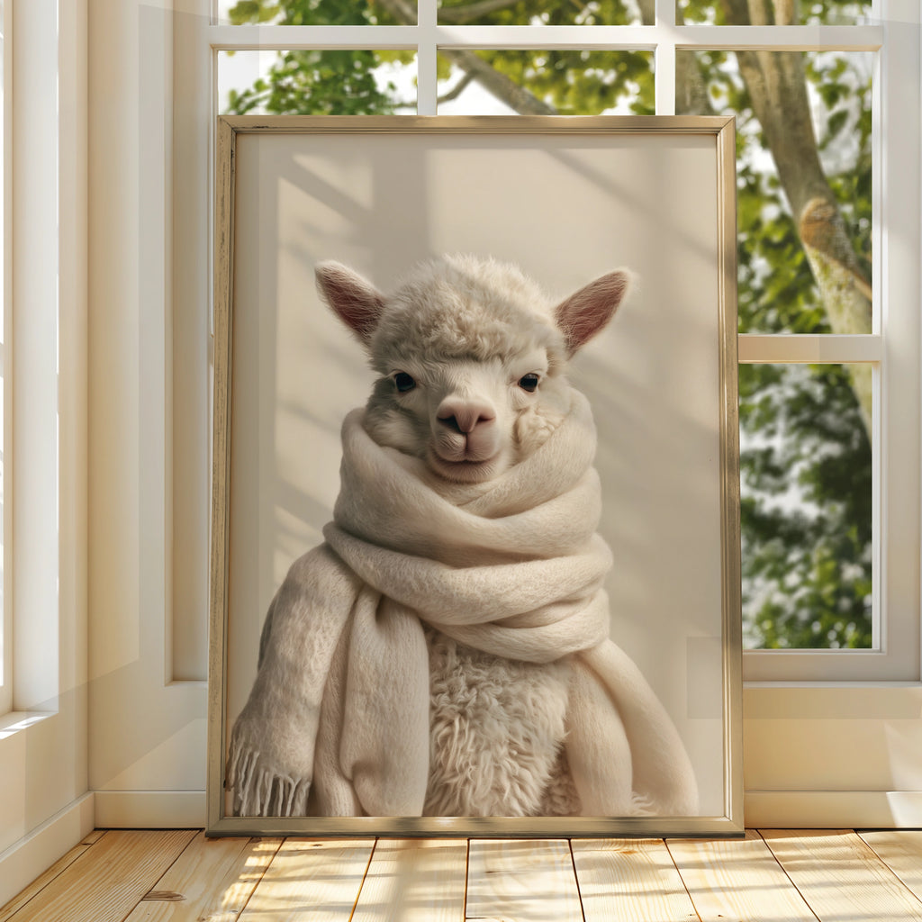 Fluffy Alpaca Scarf Portrait Poster, Cute Animal Wall Art, Minimalist Print