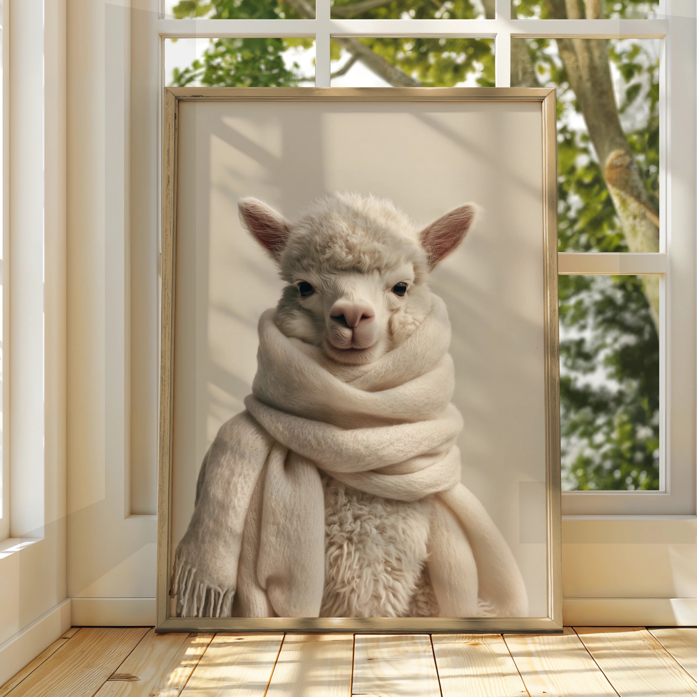 Fluffy Alpaca Scarf Portrait Poster, Cute Animal Wall Art, Minimalist Print