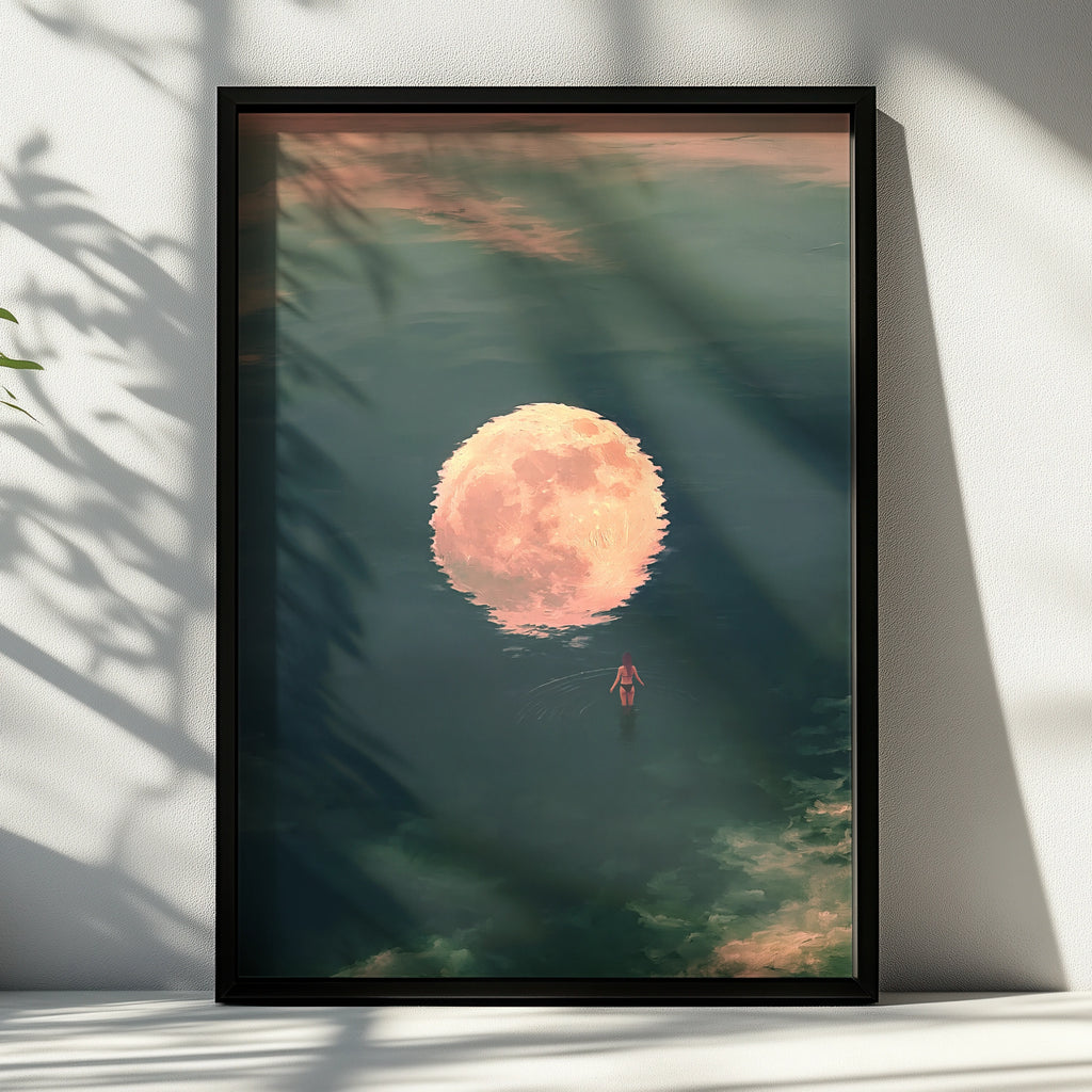 Woman Walking Towards Moon Reflection, Ocean Night Sky Art Print, Dreamy Teal Pink Poster