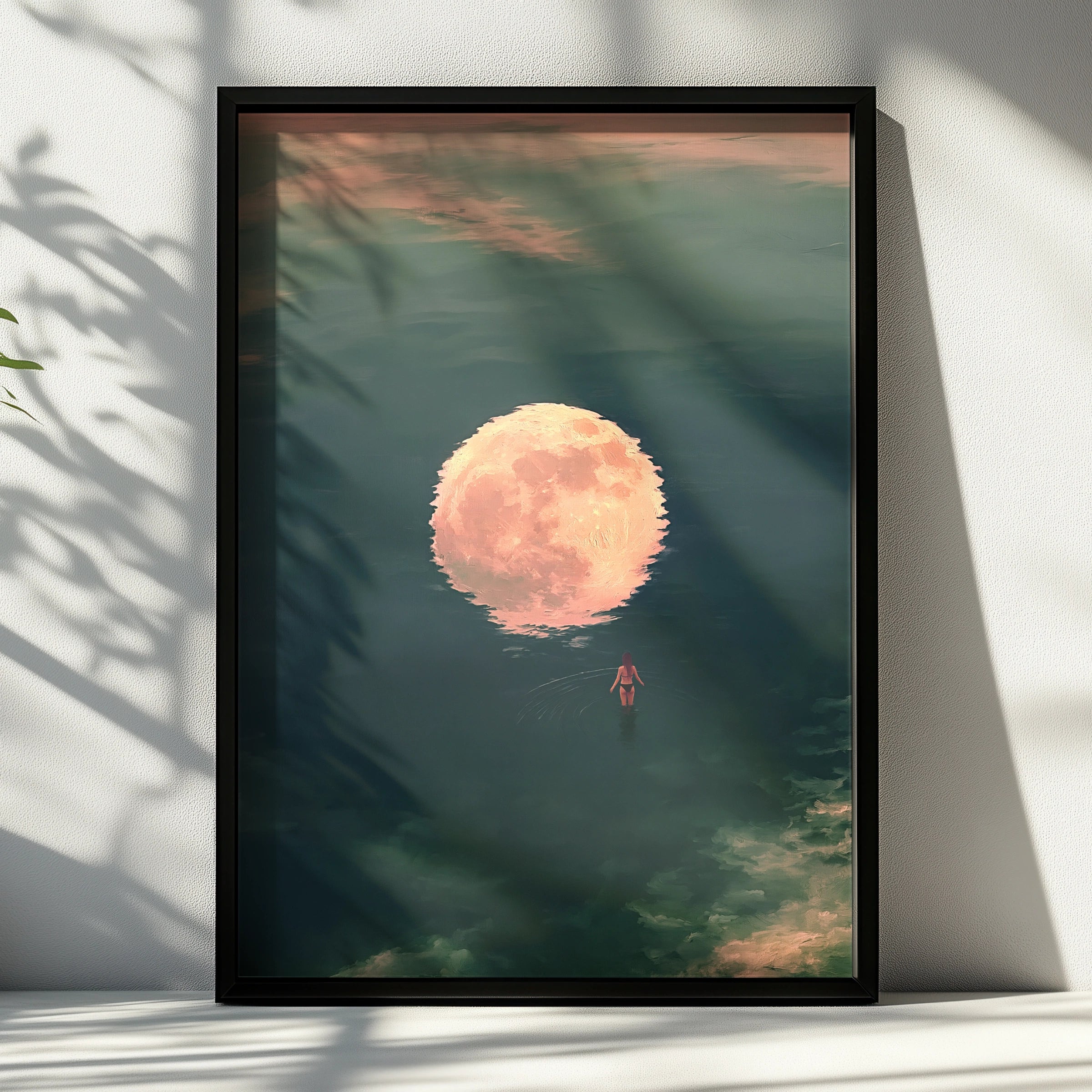 Woman Walking Towards Moon Reflection, Ocean Night Sky Art Print, Dreamy Teal Pink Poster