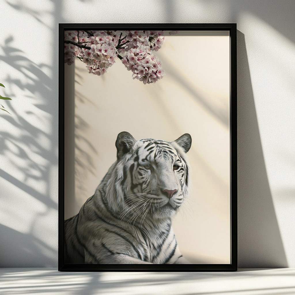 White Tiger Cherry Blossom Poster, Minimalist Animal Wall Art Print