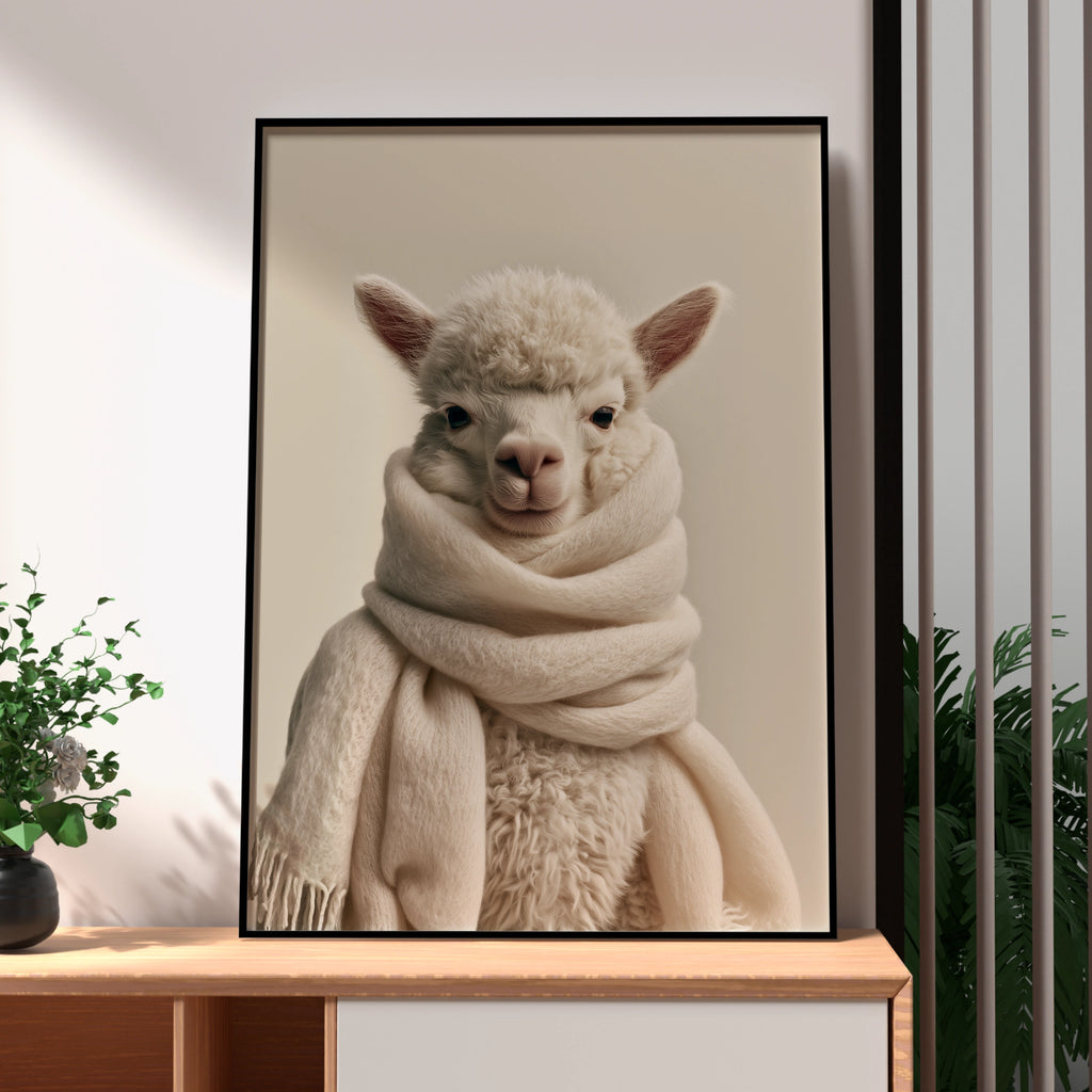 Fluffy Alpaca Scarf Portrait Poster, Cute Animal Wall Art, Minimalist Print