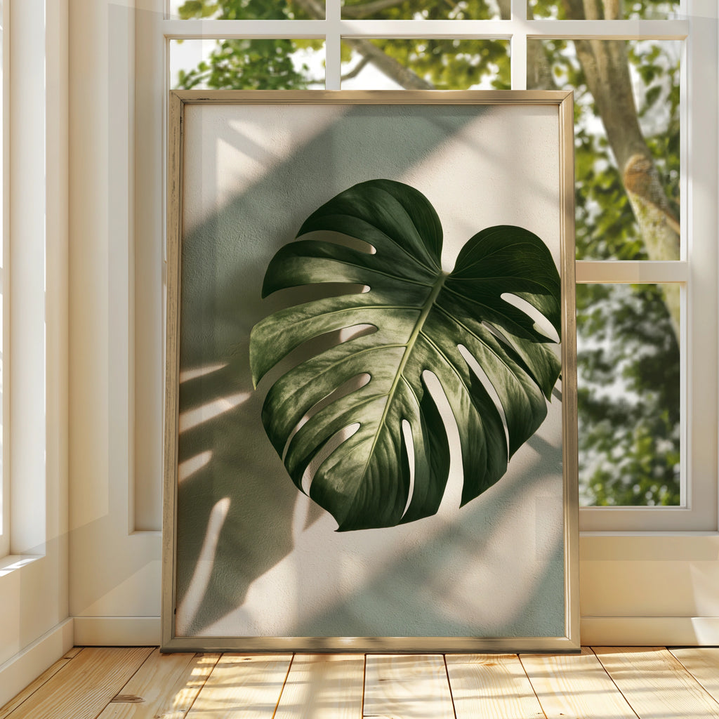 Monstera Leaf Shadow Botanical Poster, Tropical Plant Wall Art, Minimalist