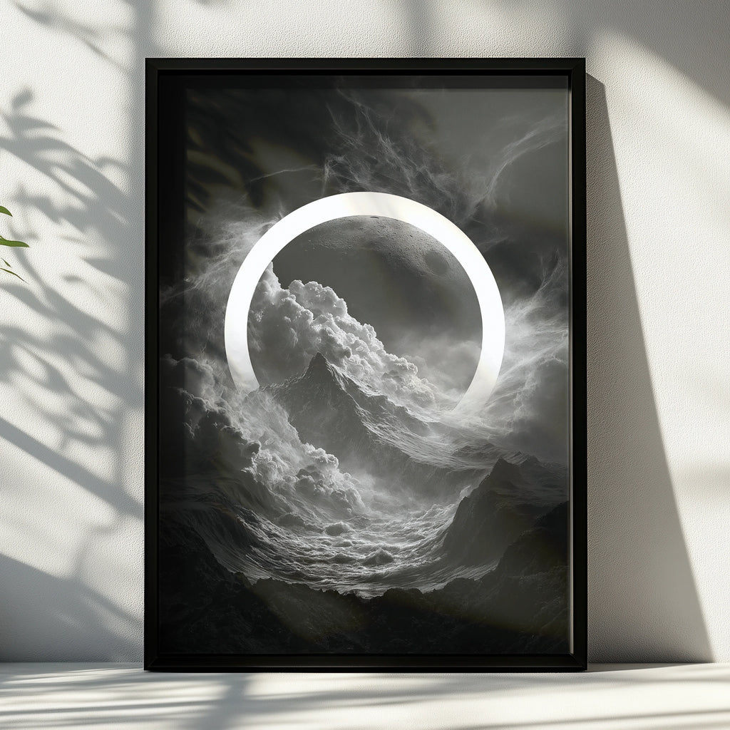 Moon Circle Dark Surreal Poster, Mountain Clouds Space Wall Art Print