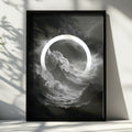 Moon Circle Dark Surreal Poster, Mountain Clouds Space Wall Art Print
