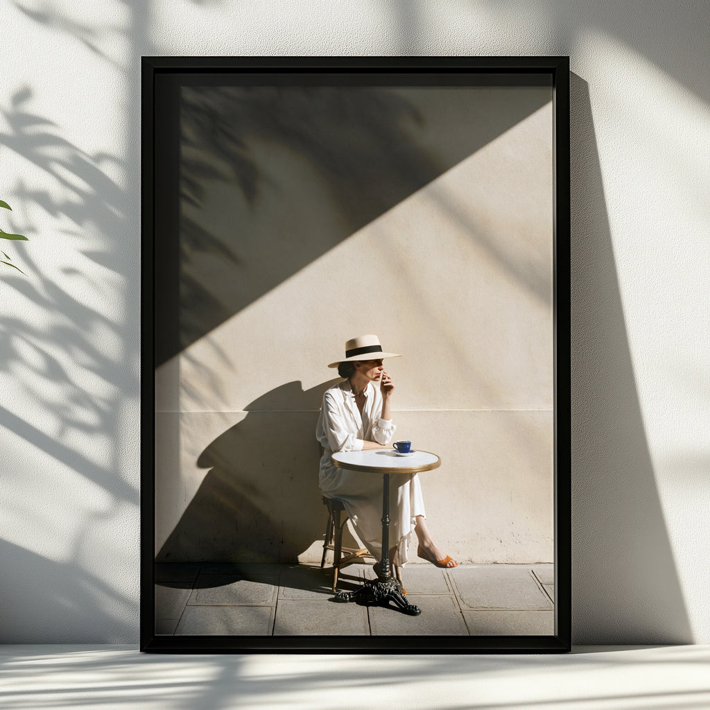 Woman Alone at Cafe Poster, Parisian Coffee Print, Elegant Minimalist Wall Art