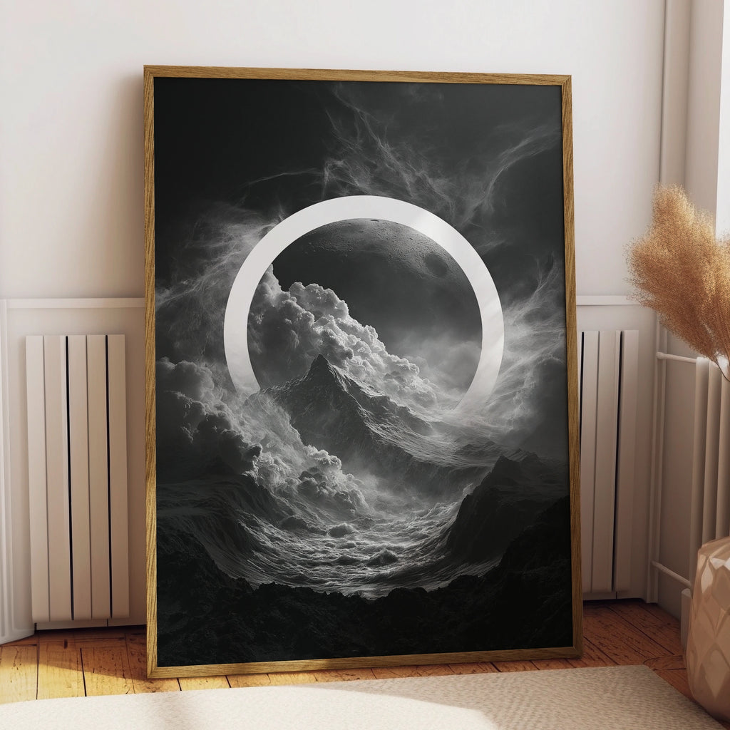 Moon Circle Dark Surreal Poster, Mountain Clouds Space Wall Art Print