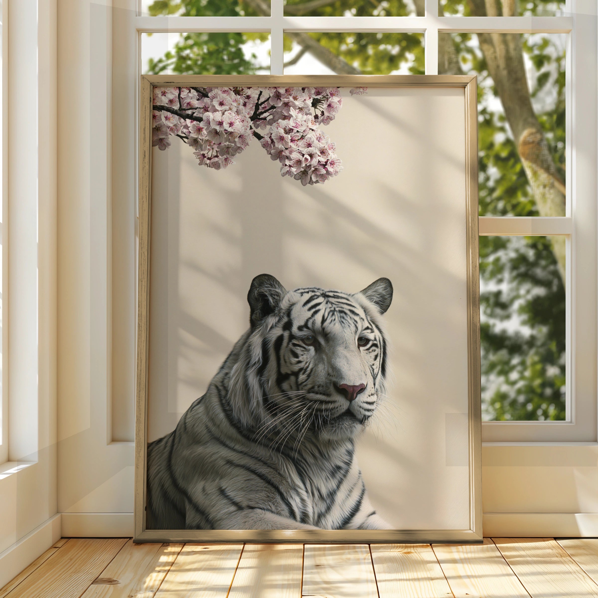 White Tiger Cherry Blossom Poster, Minimalist Animal Wall Art Print