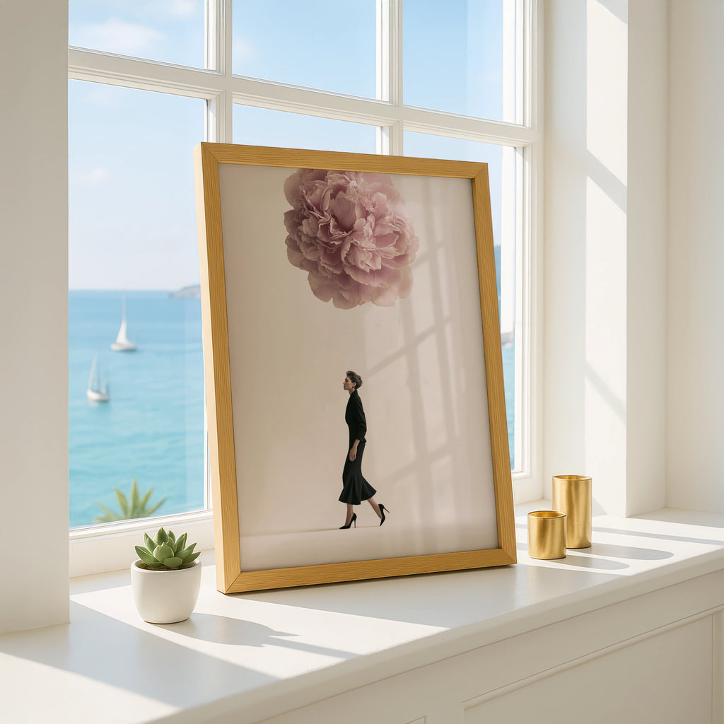 Woman Walking Under Giant Peony Poster, Surreal Floral Fashion Wall Art Print