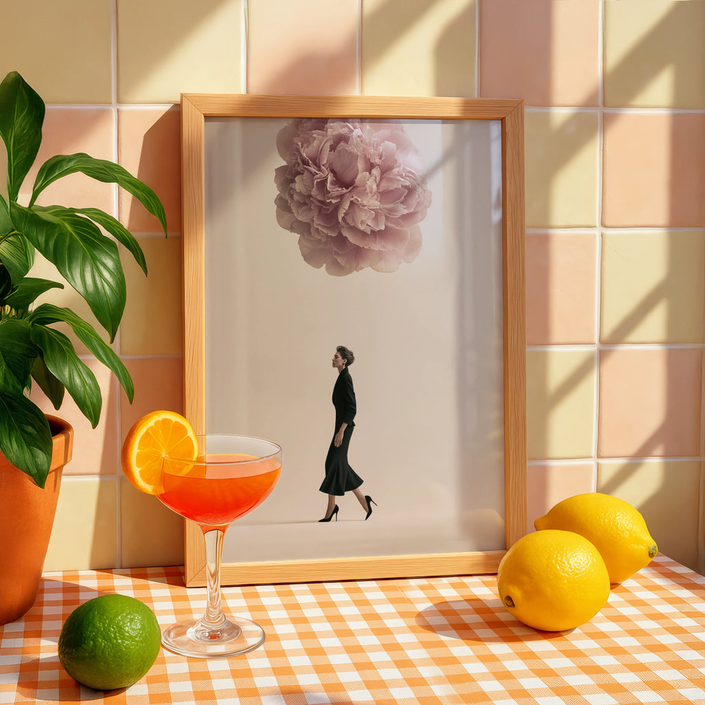 Woman Walking Under Giant Peony Poster, Surreal Floral Fashion Wall Art Print