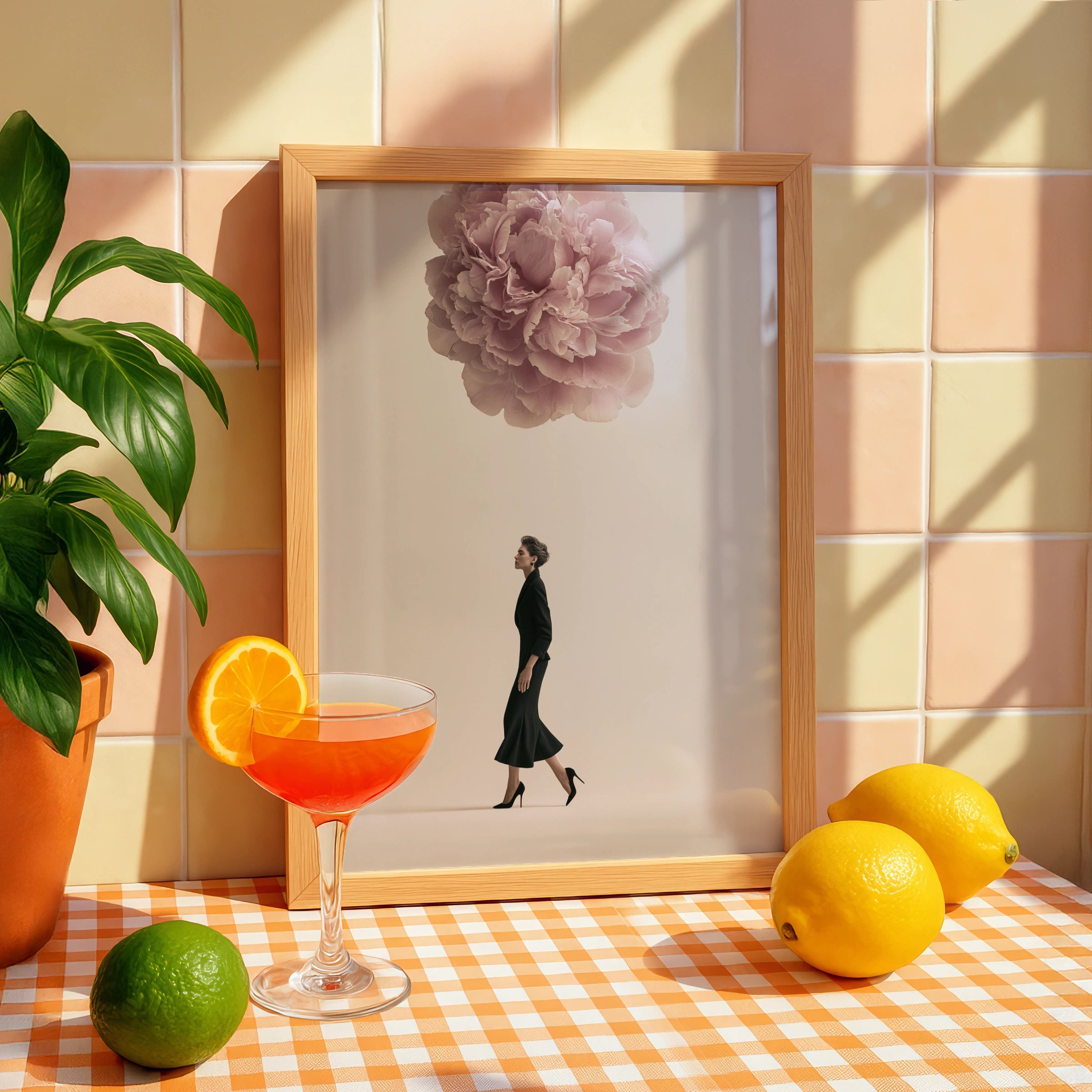 Woman Walking Under Giant Peony Poster, Surreal Floral Fashion Wall Art Print