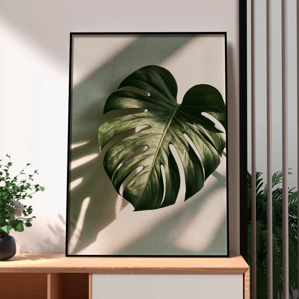 Monstera Leaf Shadow Botanical Poster, Tropical Plant Wall Art, Minimalist