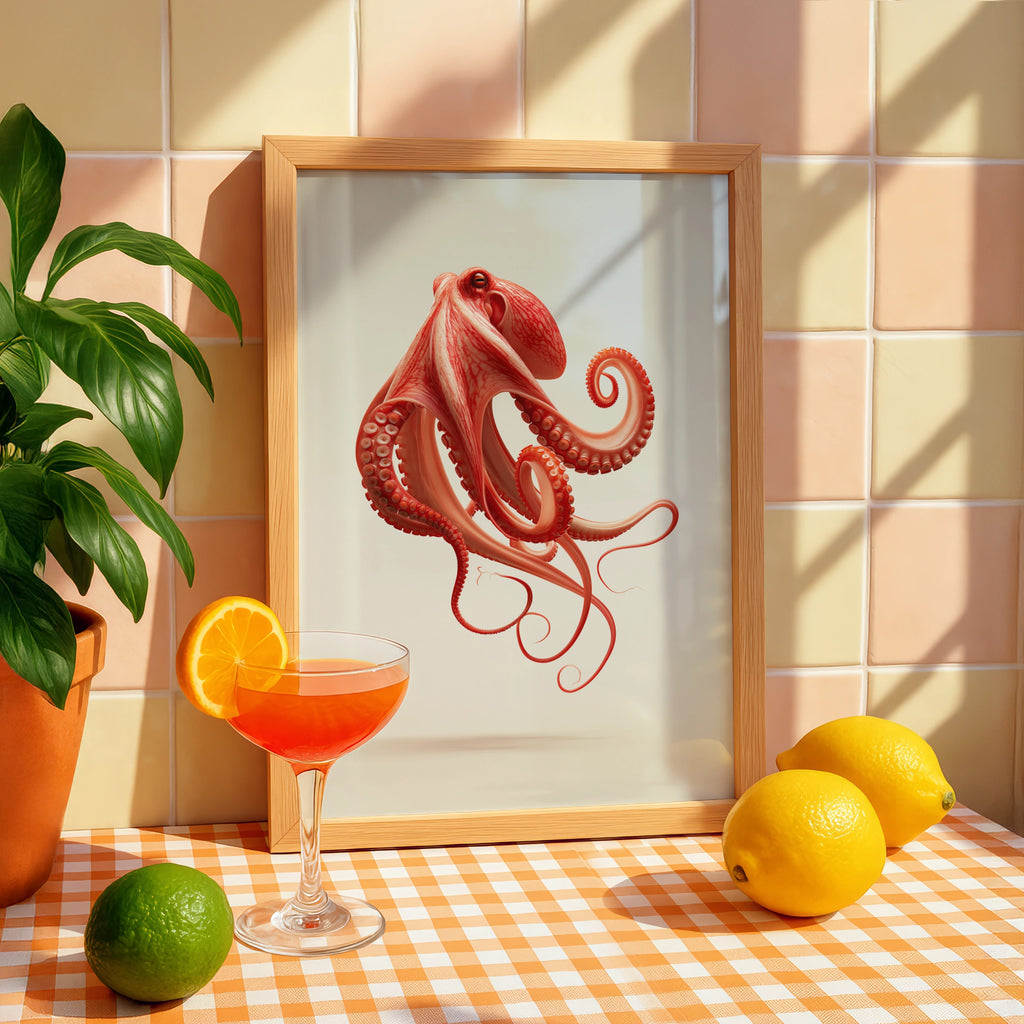 Floating Octopus Wall Art Poster, Red Coral Ocean Print, Modern Minimalist
