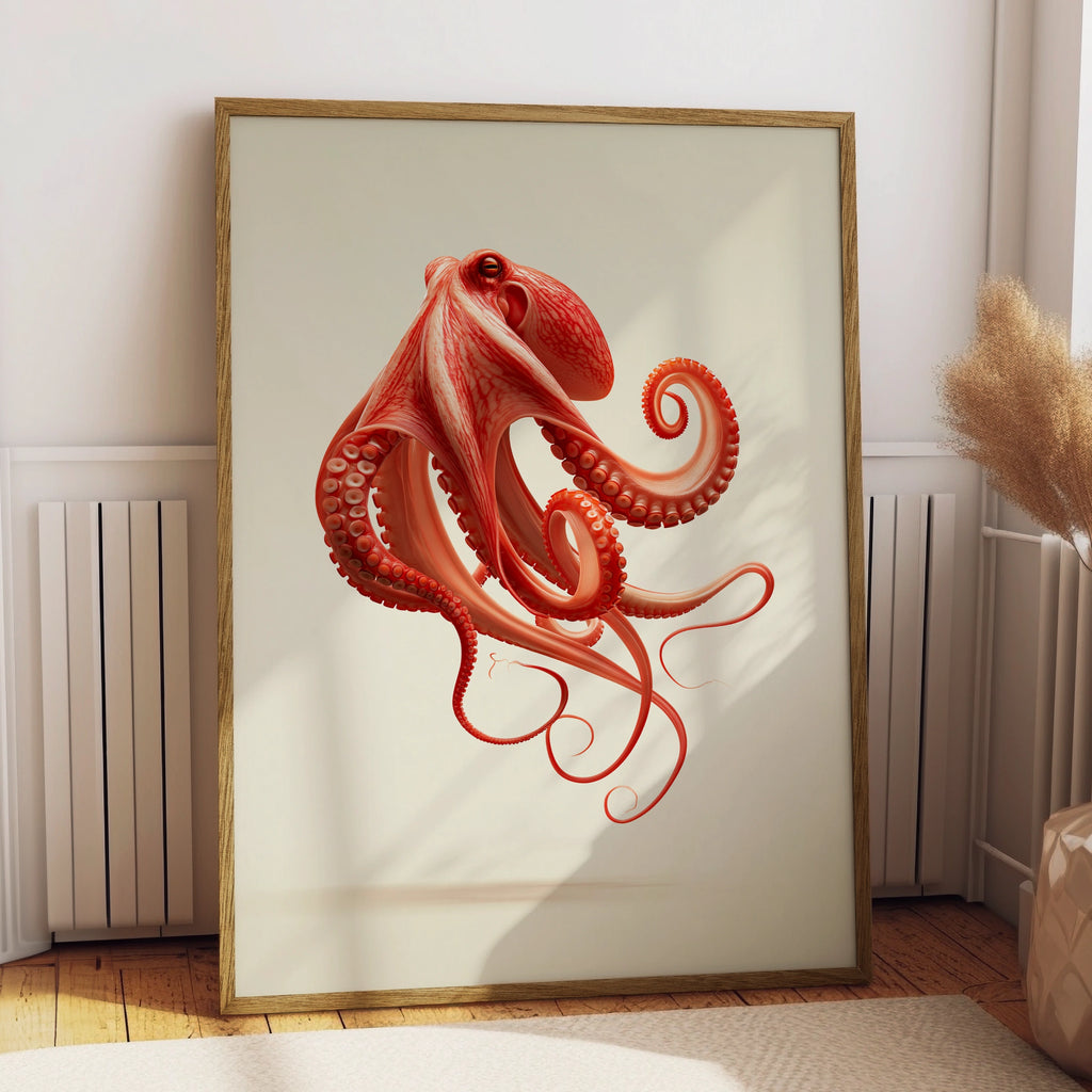 Floating Octopus Wall Art Poster, Red Coral Ocean Print, Modern Minimalist