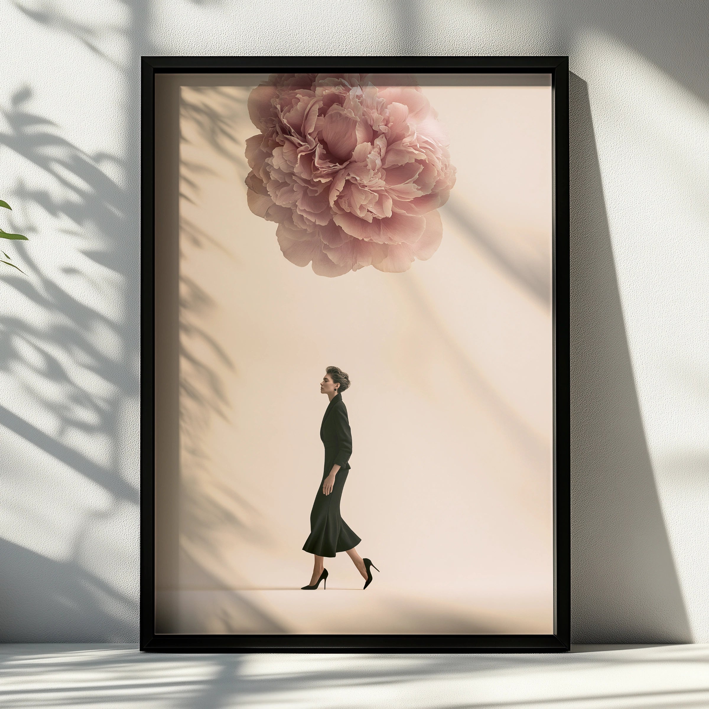Woman Walking Under Giant Peony Poster, Surreal Floral Fashion Wall Art Print