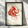Floating Octopus Wall Art Poster, Red Coral Ocean Print, Modern Minimalist