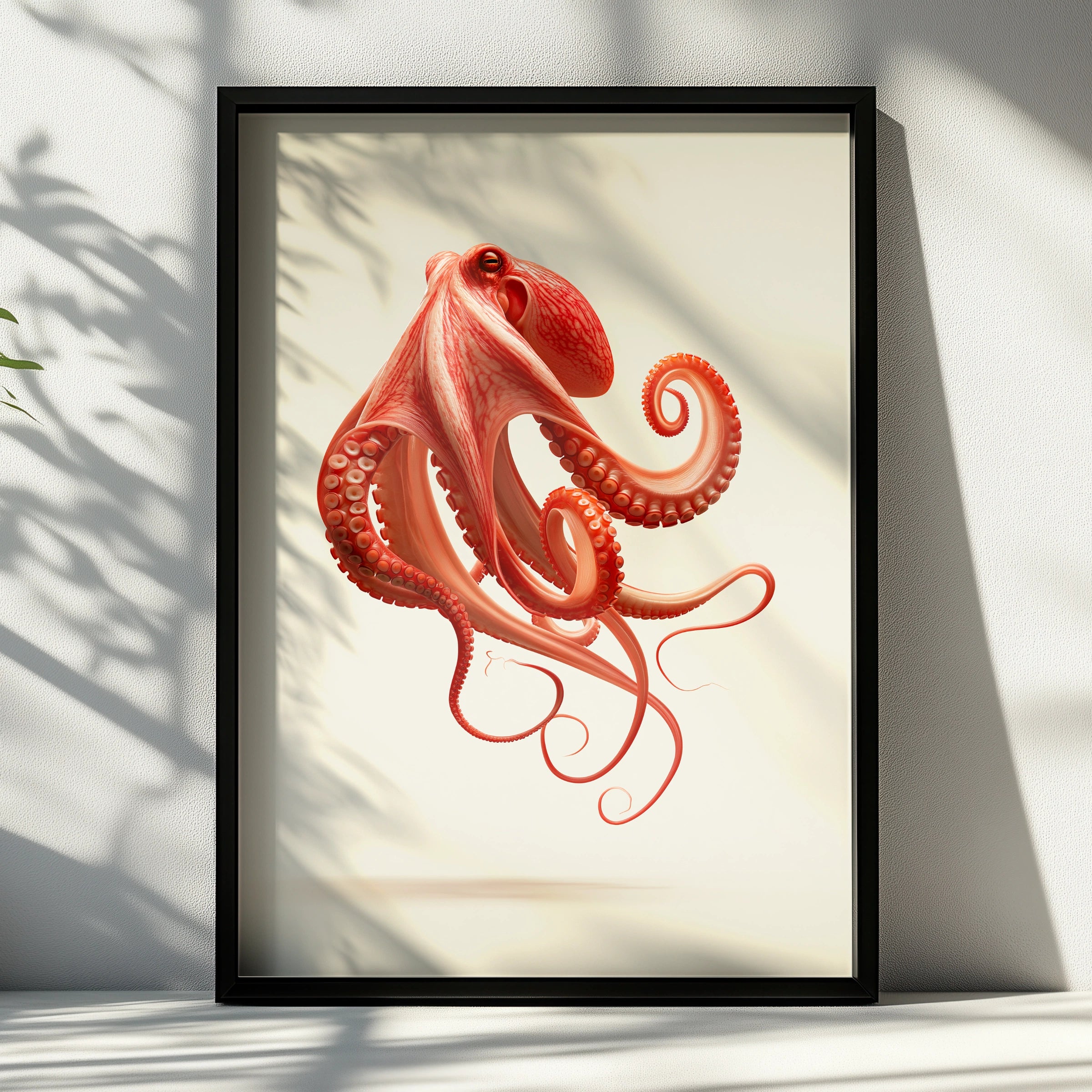 Floating Octopus Wall Art Poster, Red Coral Ocean Print, Modern Minimalist