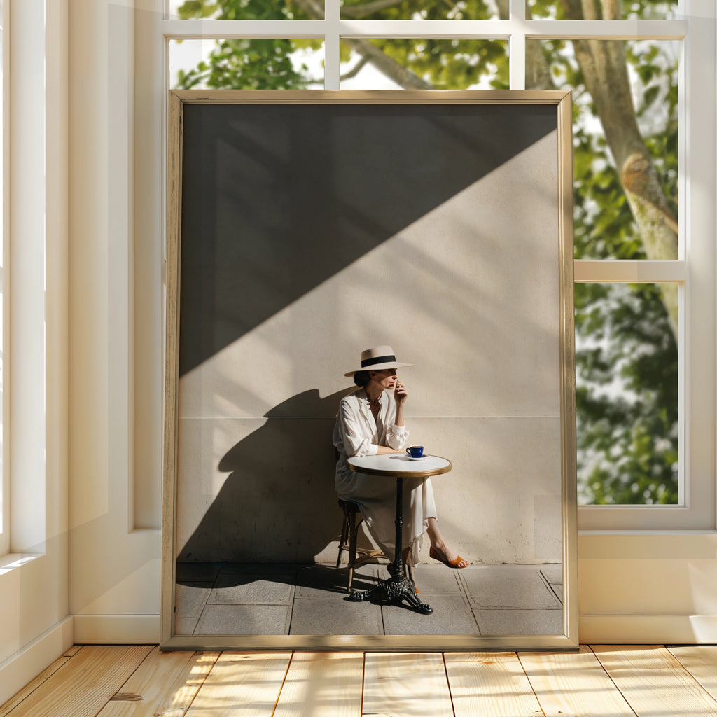 Woman Alone at Cafe Poster, Parisian Coffee Print, Elegant Minimalist Wall Art