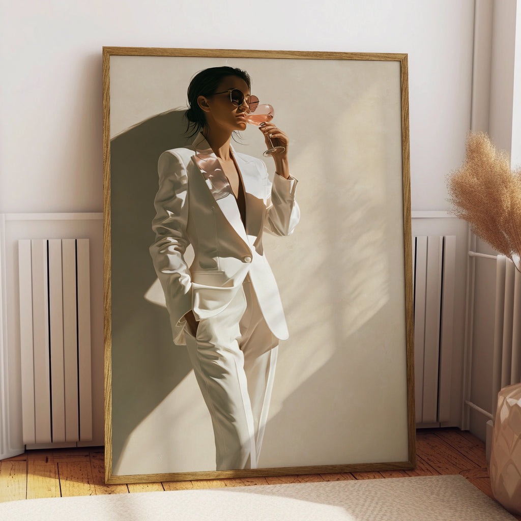Woman White Suit Rose Wine Poster, Chic Fashion Wall Art, Minimalist Print