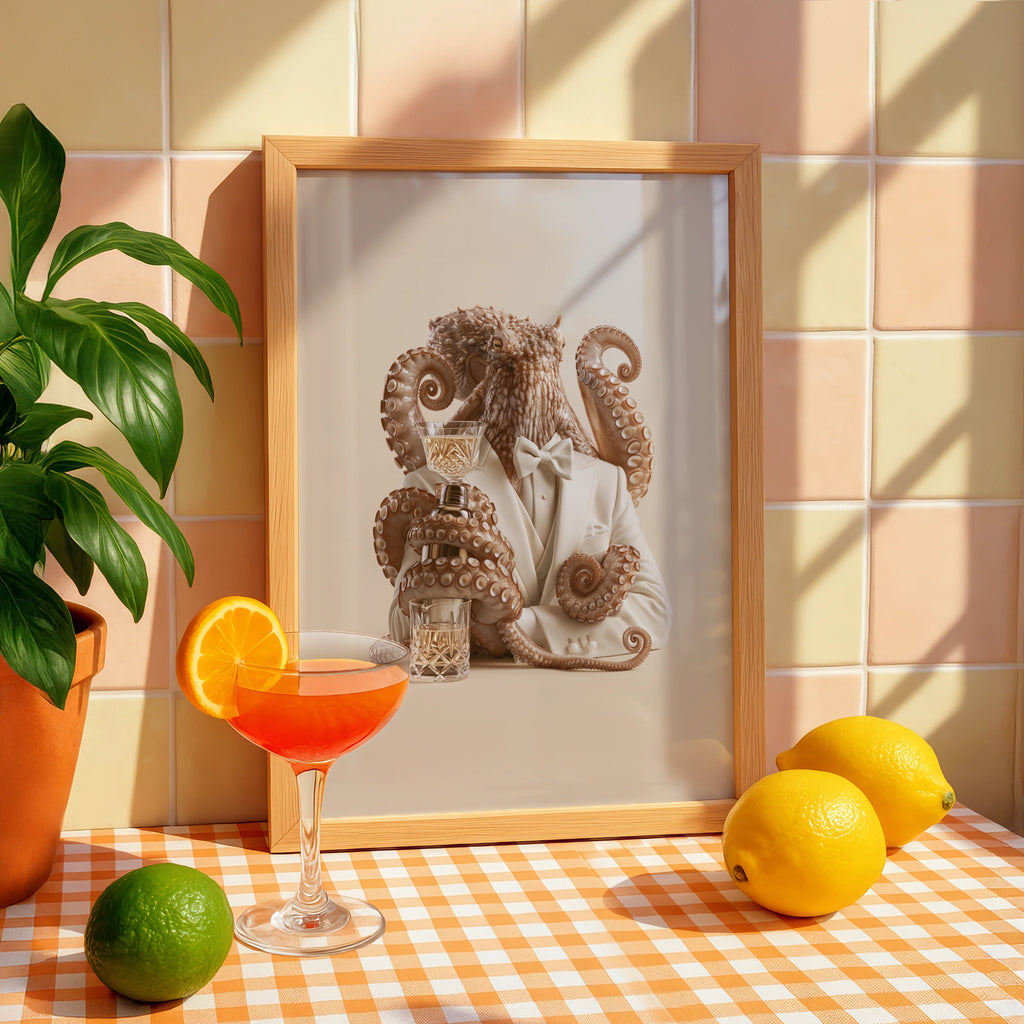 Octopus Bartender in Tuxedo Wall Art Poster, Surreal Animal Print