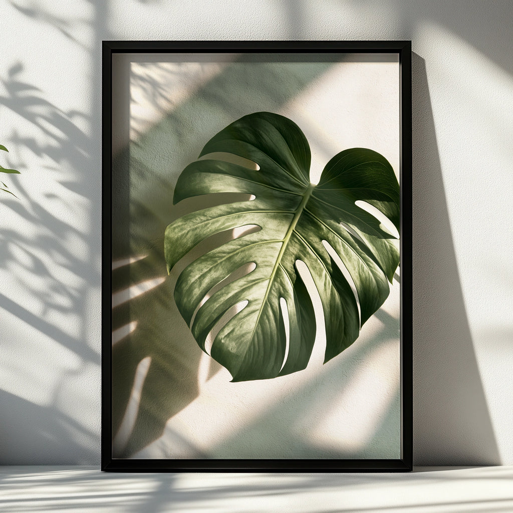 Monstera Leaf Shadow Botanical Poster, Tropical Plant Wall Art, Minimalist