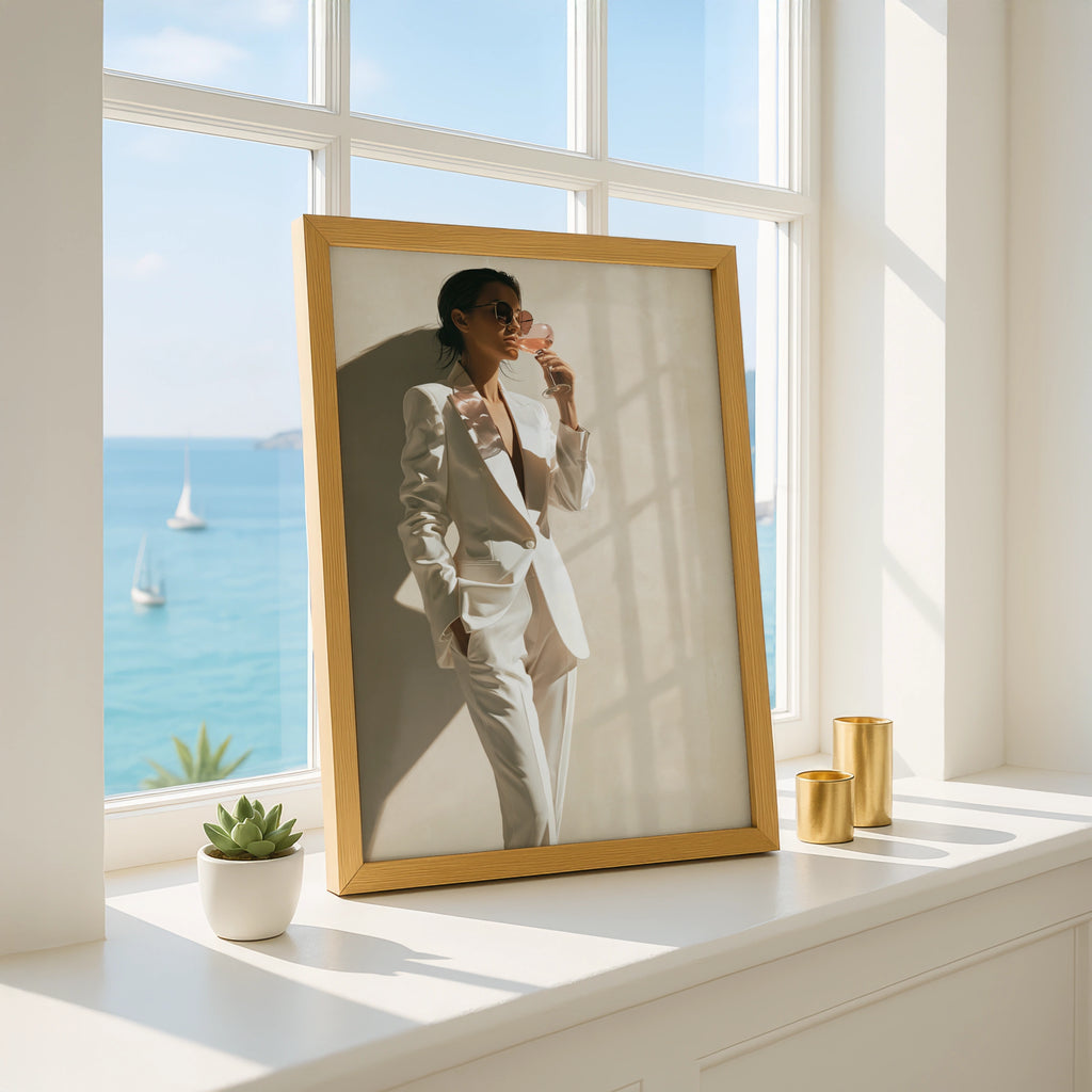 Woman White Suit Rose Wine Poster, Chic Fashion Wall Art, Minimalist Print