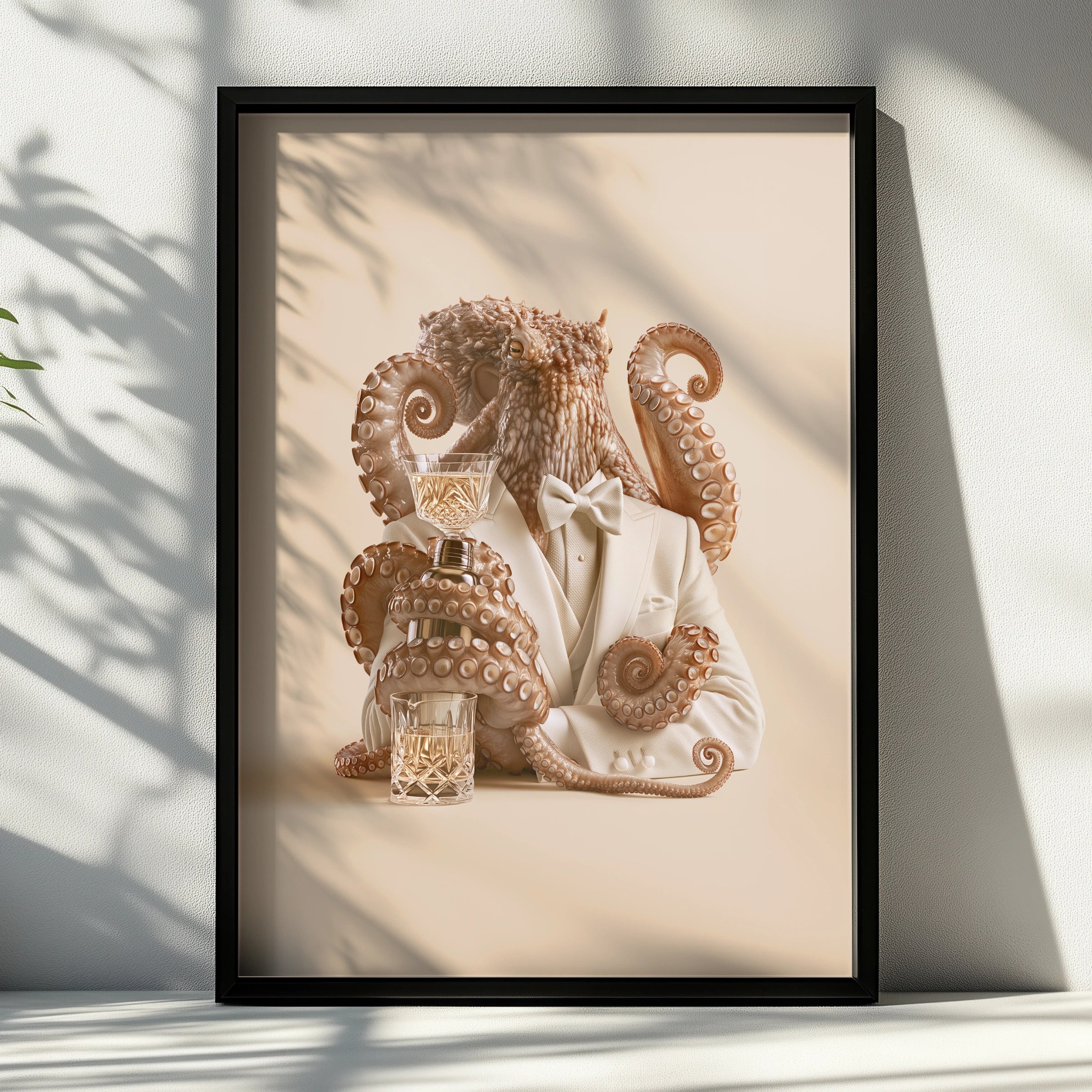 Octopus Bartender in Tuxedo Wall Art Poster, Surreal Animal Print