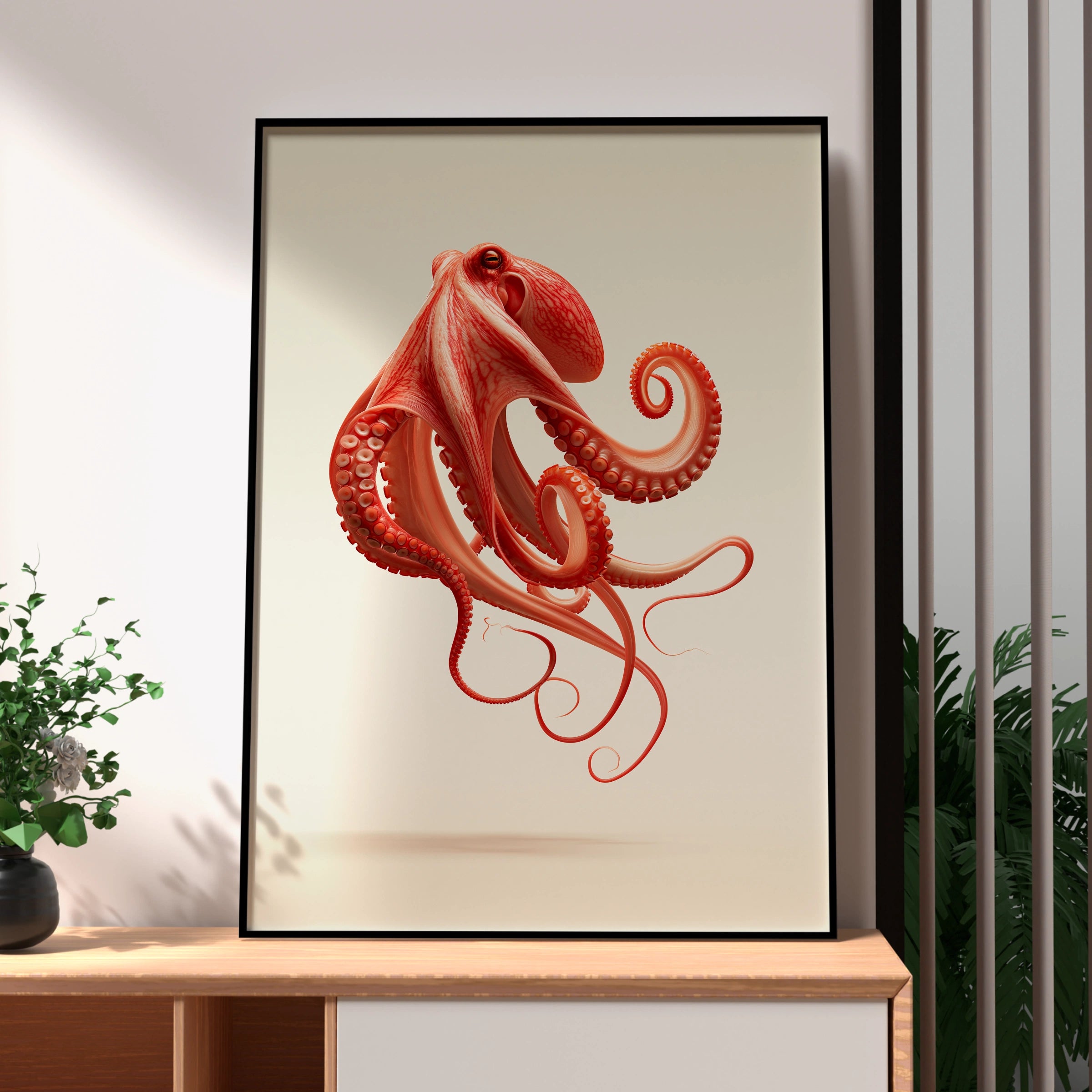 Floating Octopus Wall Art Poster, Red Coral Ocean Print, Modern Minimalist