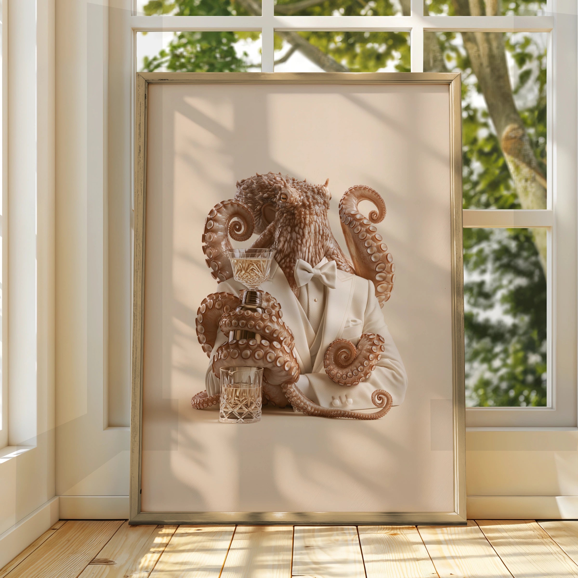 Octopus Bartender in Tuxedo Wall Art Poster, Surreal Animal Print