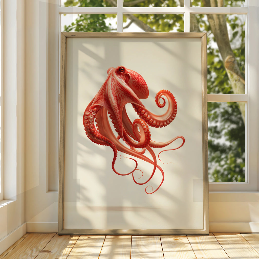 Floating Octopus Wall Art Poster, Red Coral Ocean Print, Modern Minimalist
