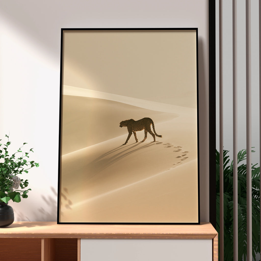 Cheetah Desert Sand Dunes Poster, African Wildlife Wall Art, Minimalist Print