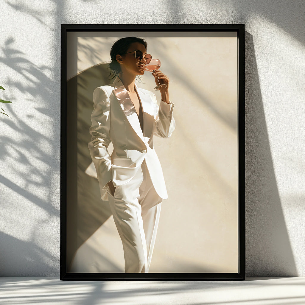 Woman White Suit Rose Wine Poster, Chic Fashion Wall Art, Minimalist Print