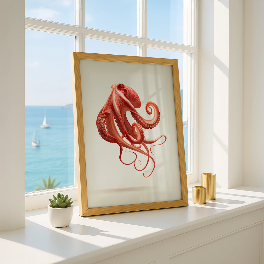 Floating Octopus Wall Art Poster, Red Coral Ocean Print, Modern Minimalist
