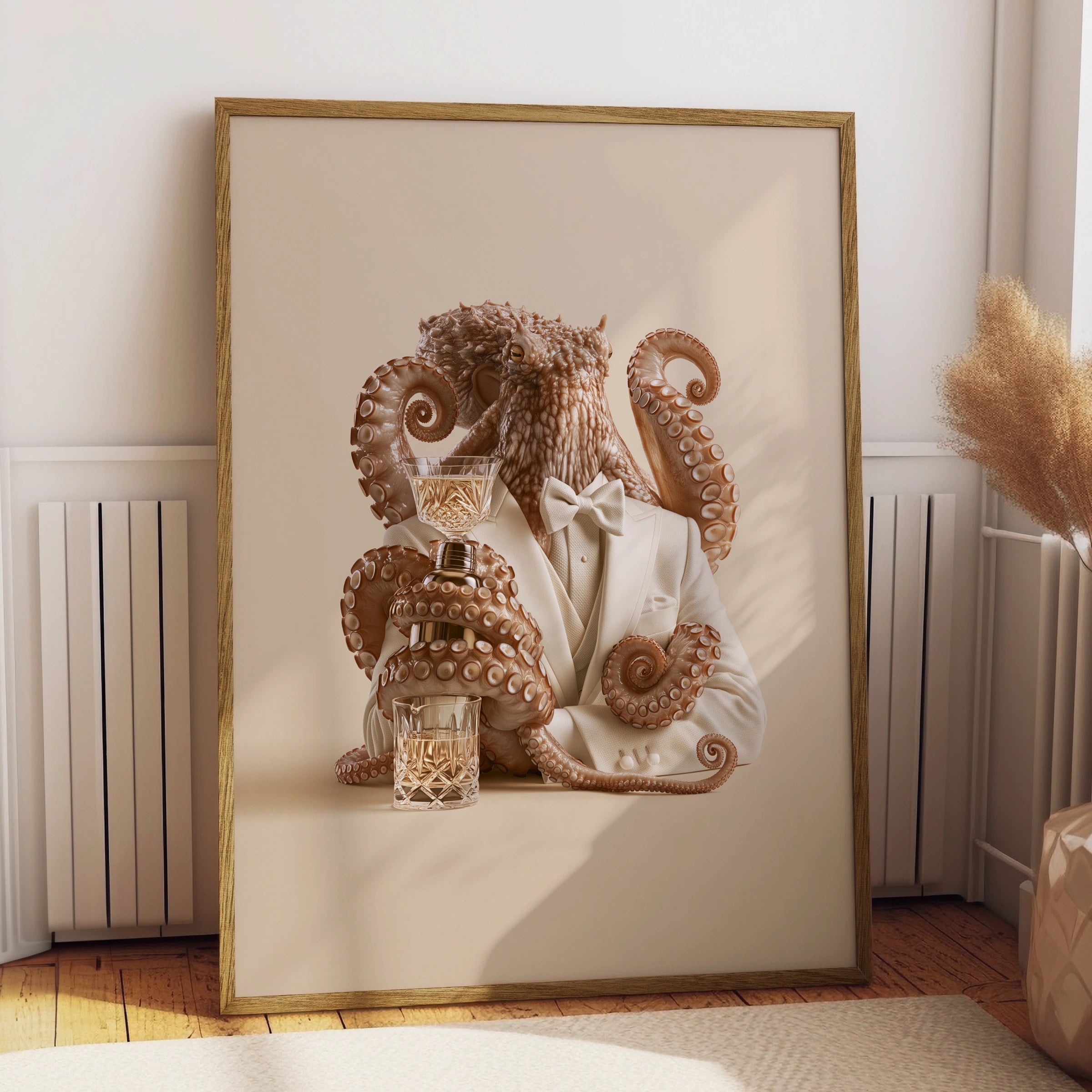 Octopus Bartender in Tuxedo Wall Art Poster, Surreal Animal Print