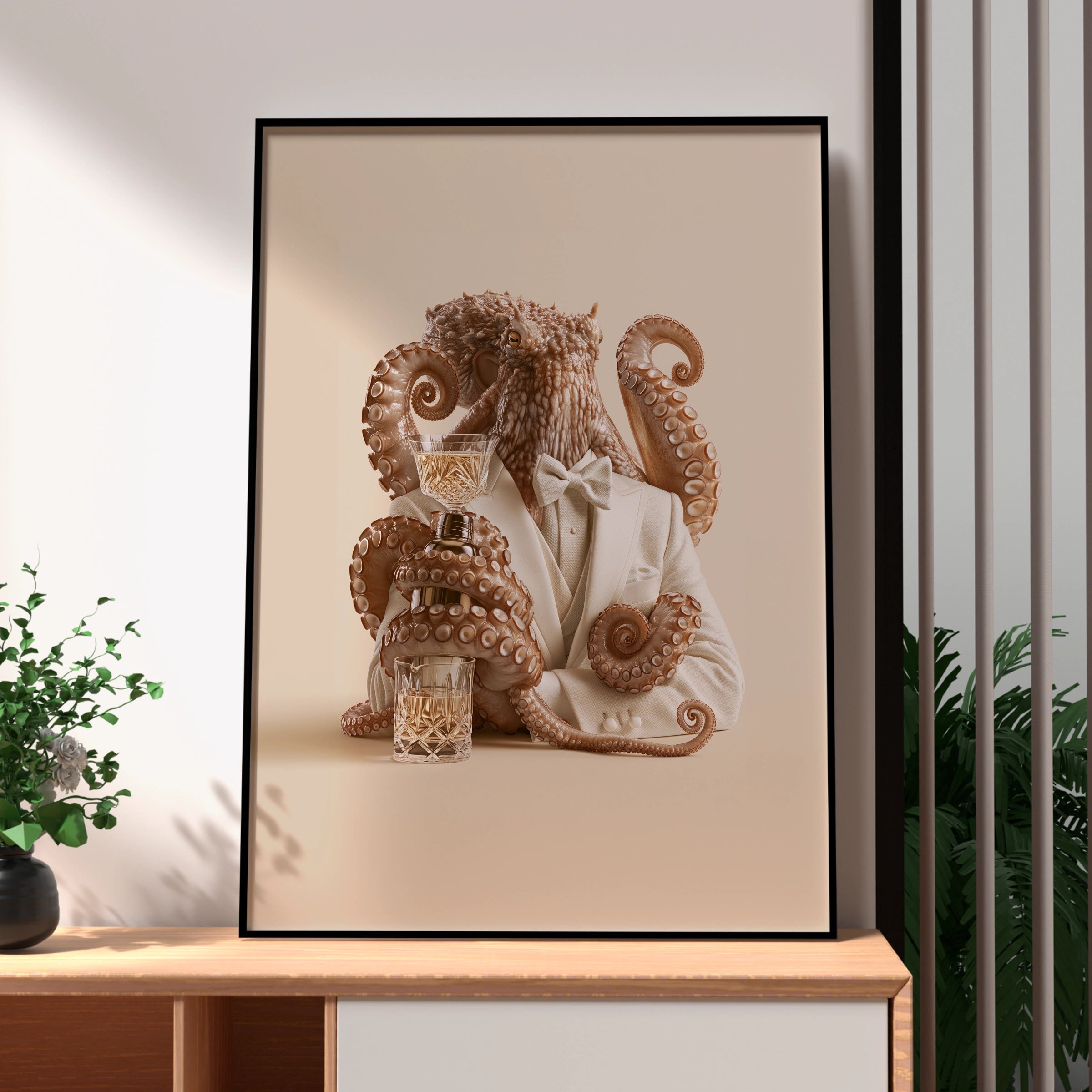 Octopus Bartender in Tuxedo Wall Art Poster, Surreal Animal Print