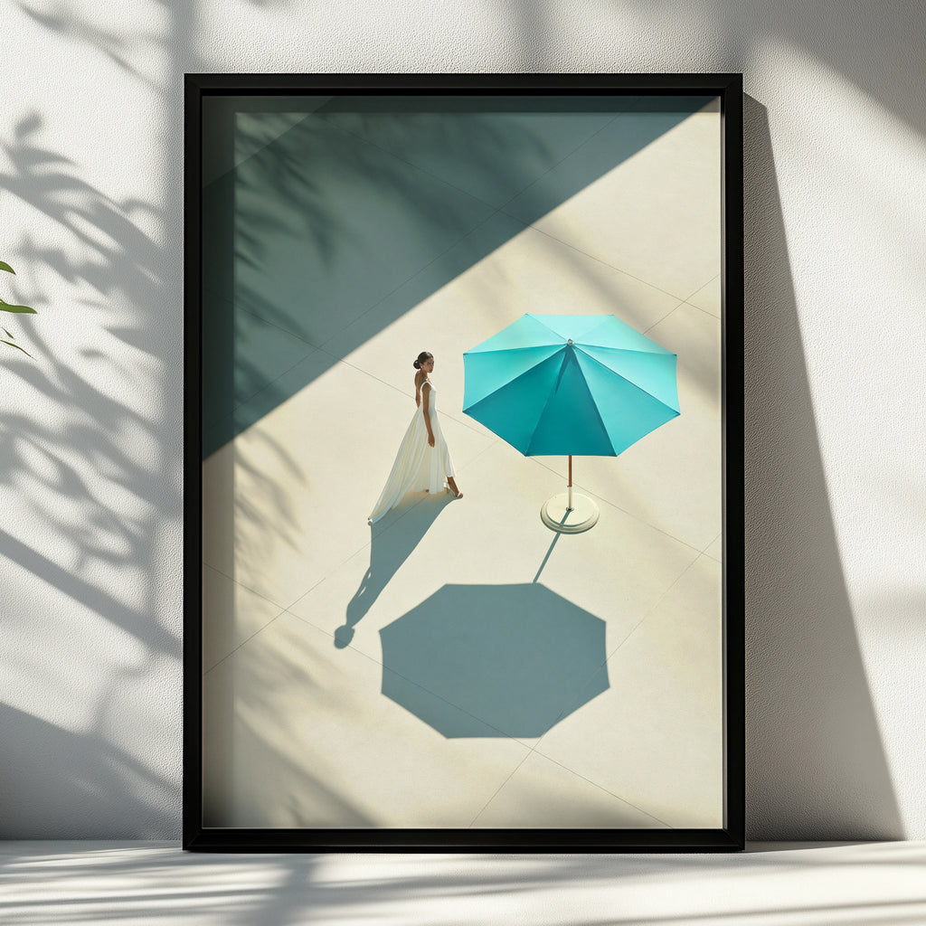 Woman White Dress Blue Parasol Poster, Minimalist Aerial Art Print