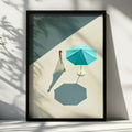 Woman White Dress Blue Parasol Poster, Minimalist Aerial Art Print