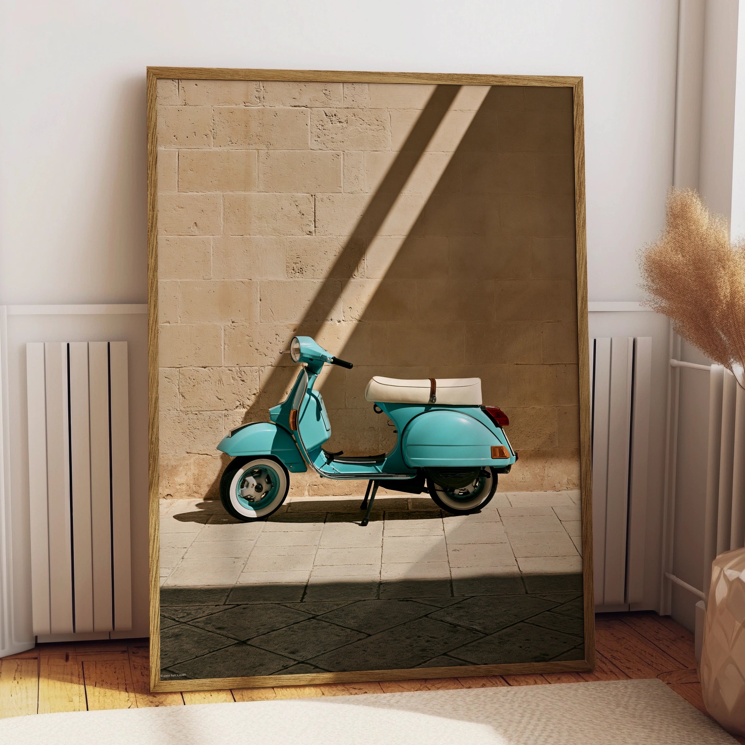 Turquoise Vespa Shadow Wall Art Poster, Italian Scooter Print, Retro Style