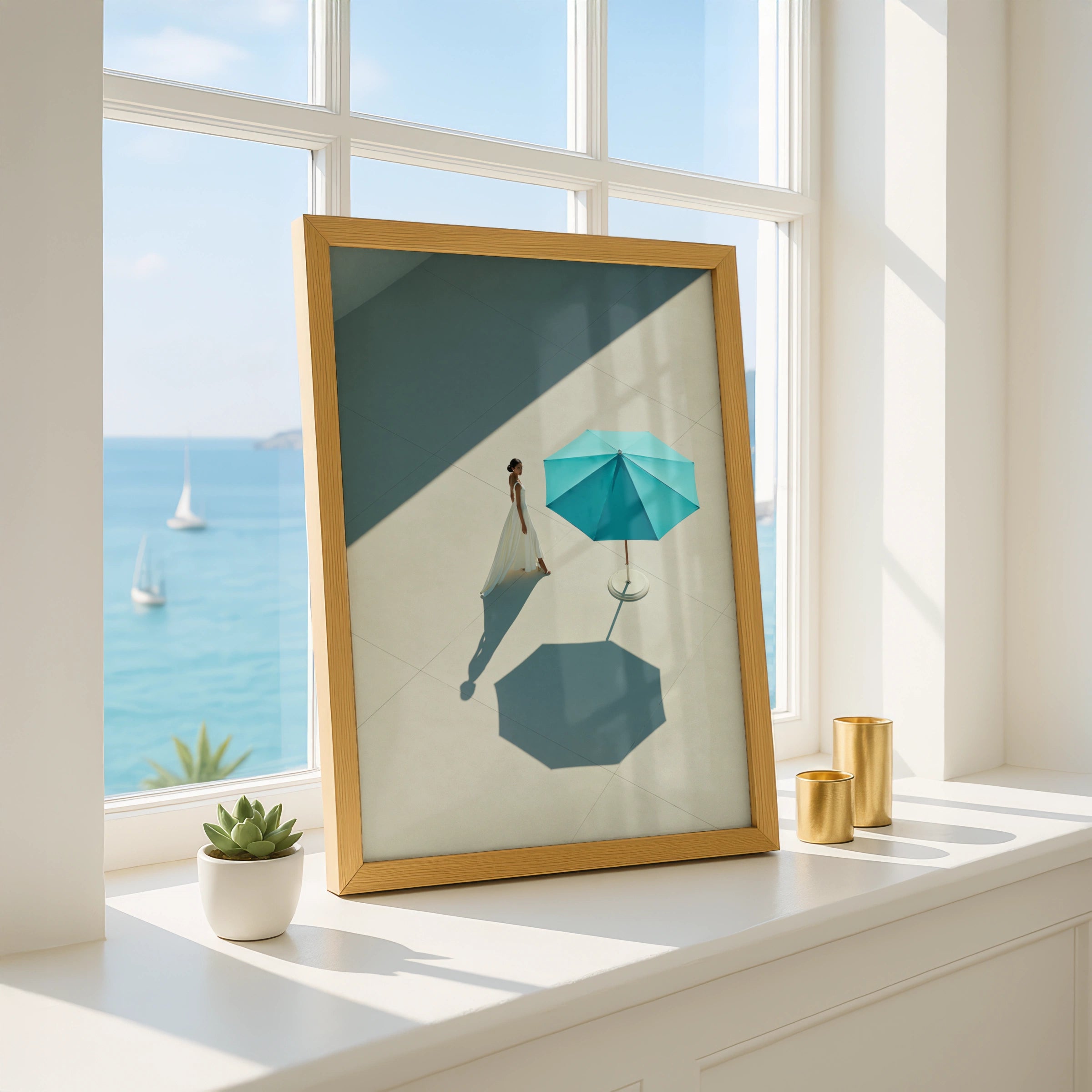 Woman White Dress Blue Parasol Poster, Minimalist Aerial Art Print