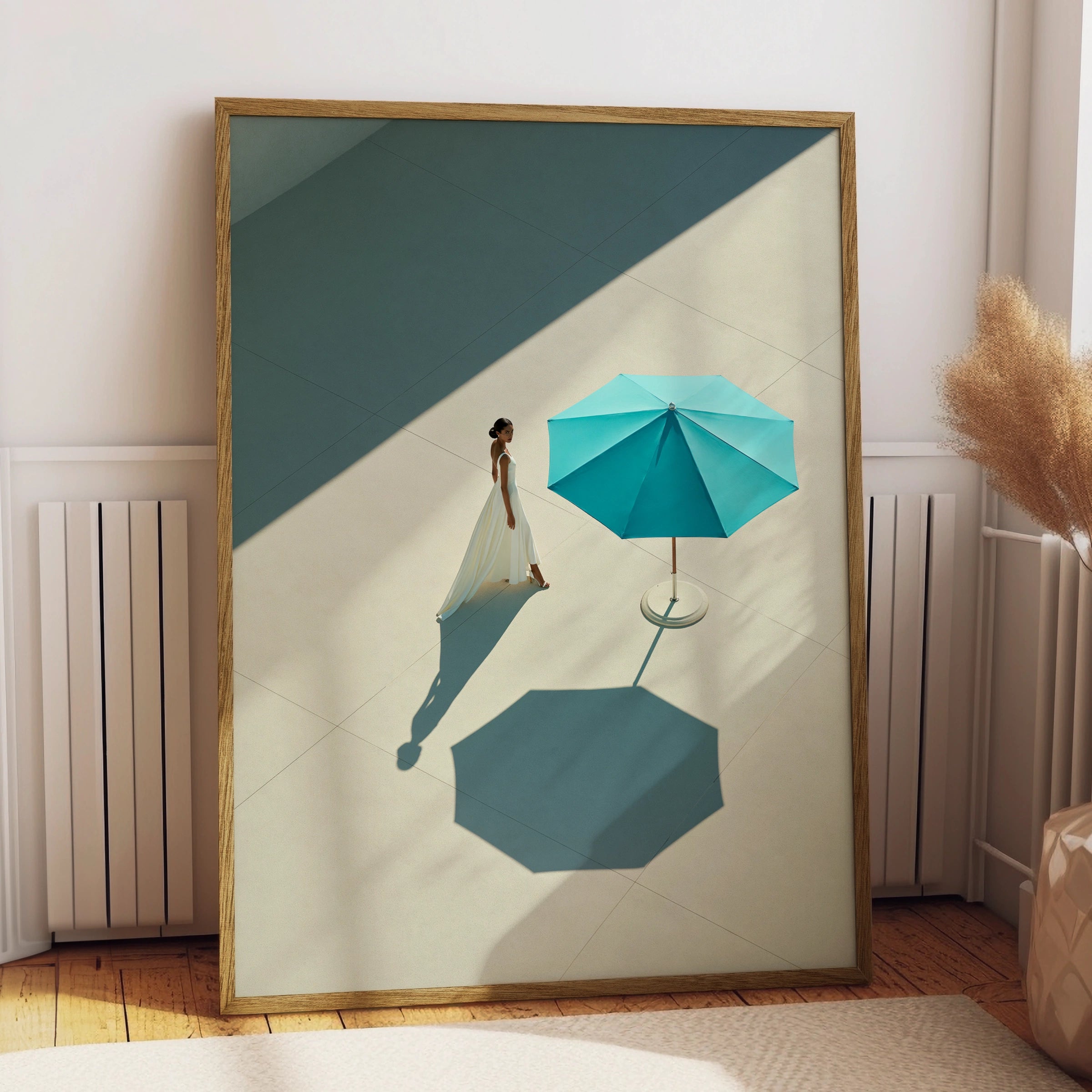 Woman White Dress Blue Parasol Poster, Minimalist Aerial Art Print