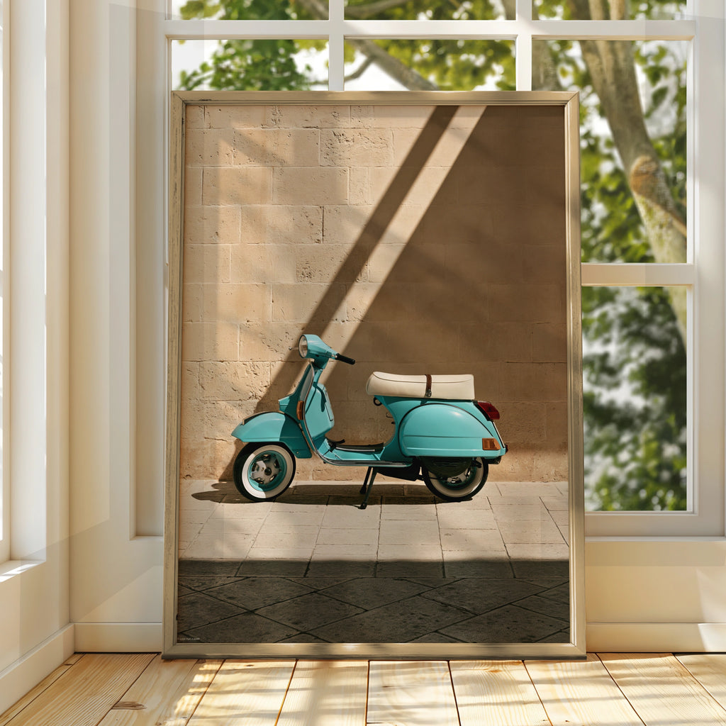 Turquoise Vespa Shadow Wall Art Poster, Italian Scooter Print, Retro Style
