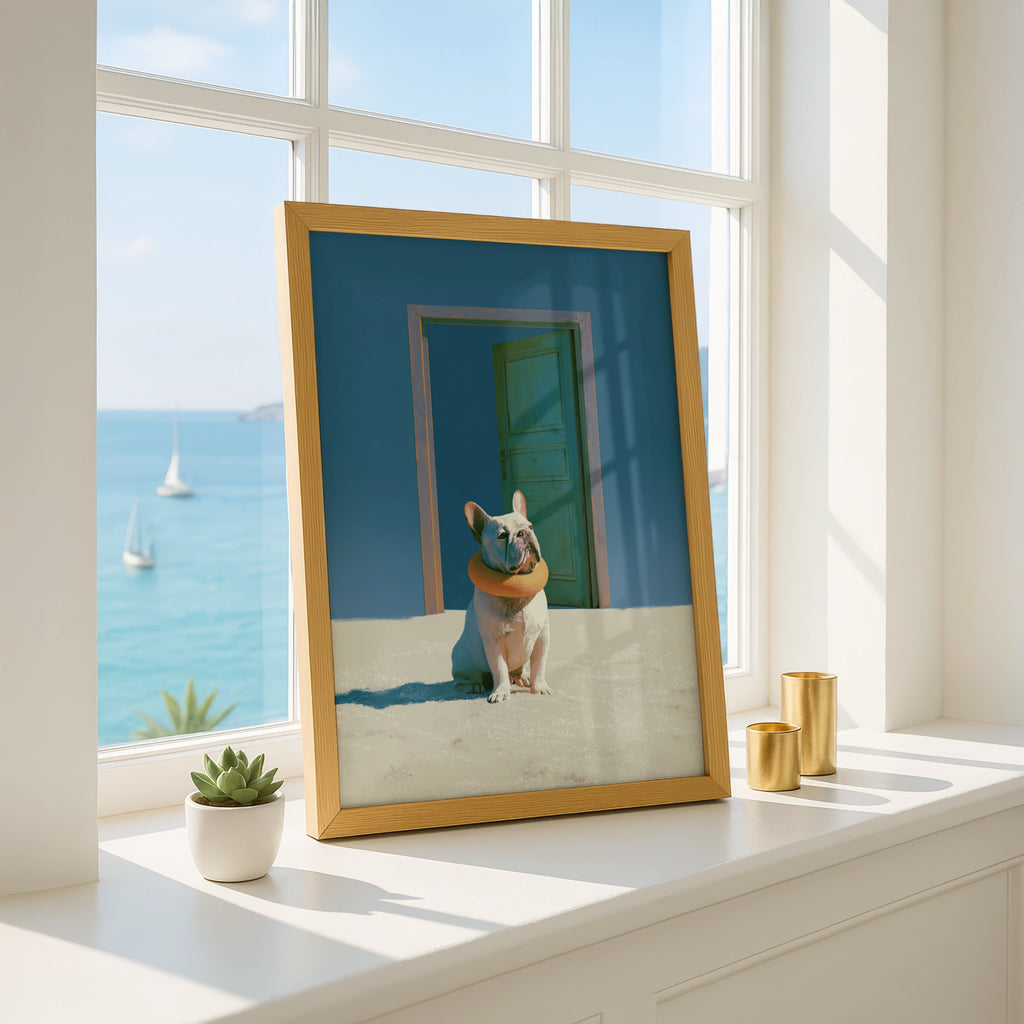 French Bulldog Beach Door Poster, Surreal Dog Art Print, Blue Sand Wall Art