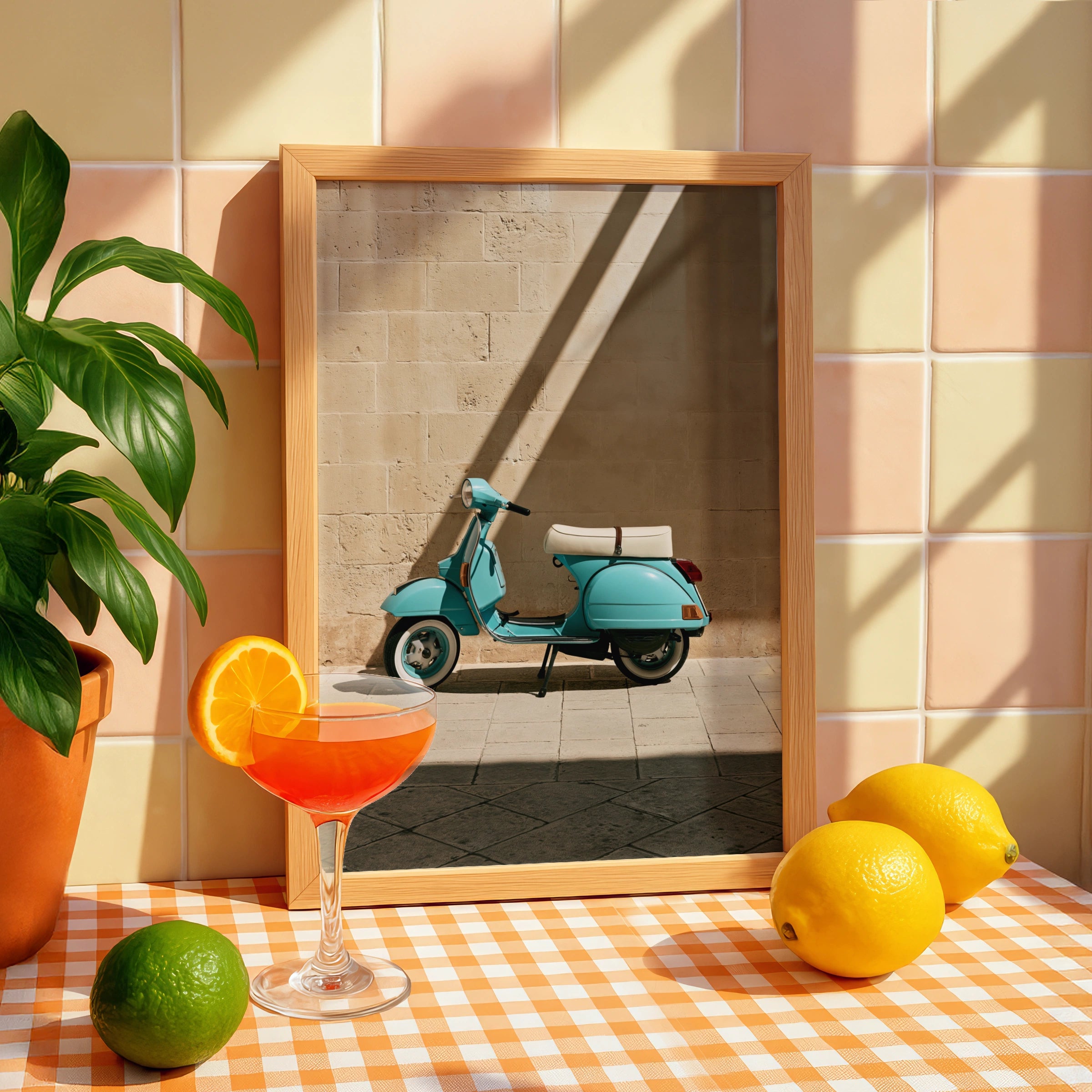 Turquoise Vespa Shadow Wall Art Poster, Italian Scooter Print, Retro Style