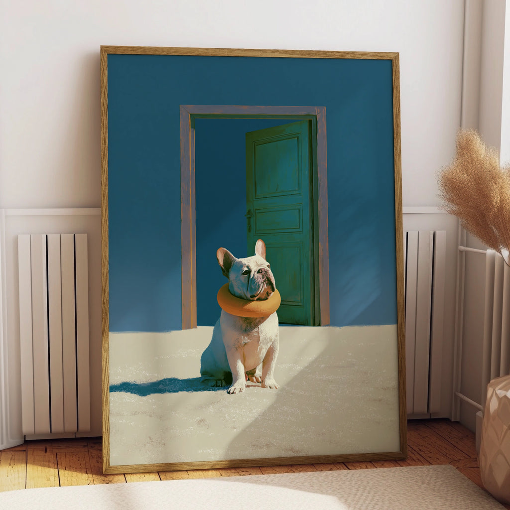 French Bulldog Beach Door Poster, Surreal Dog Art Print, Blue Sand Wall Art