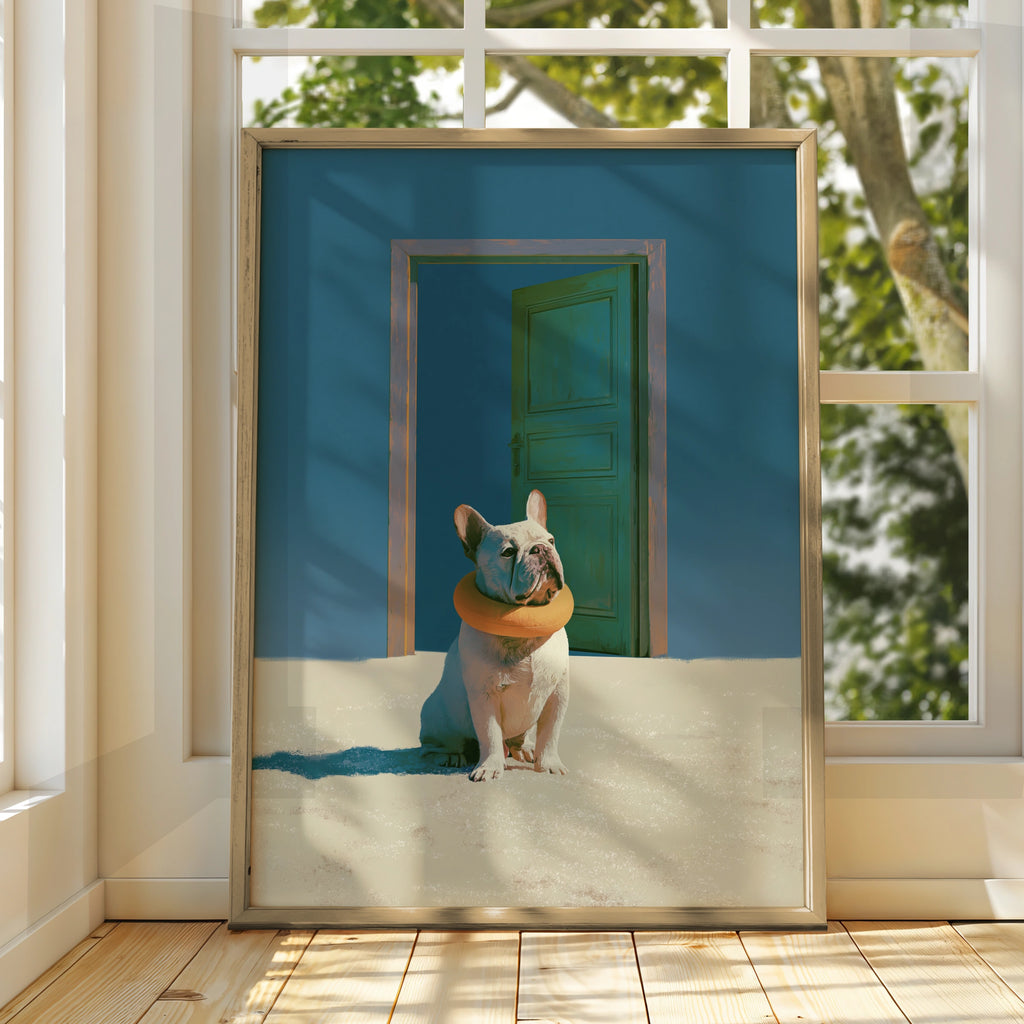 French Bulldog Beach Door Poster, Surreal Dog Art Print, Blue Sand Wall Art